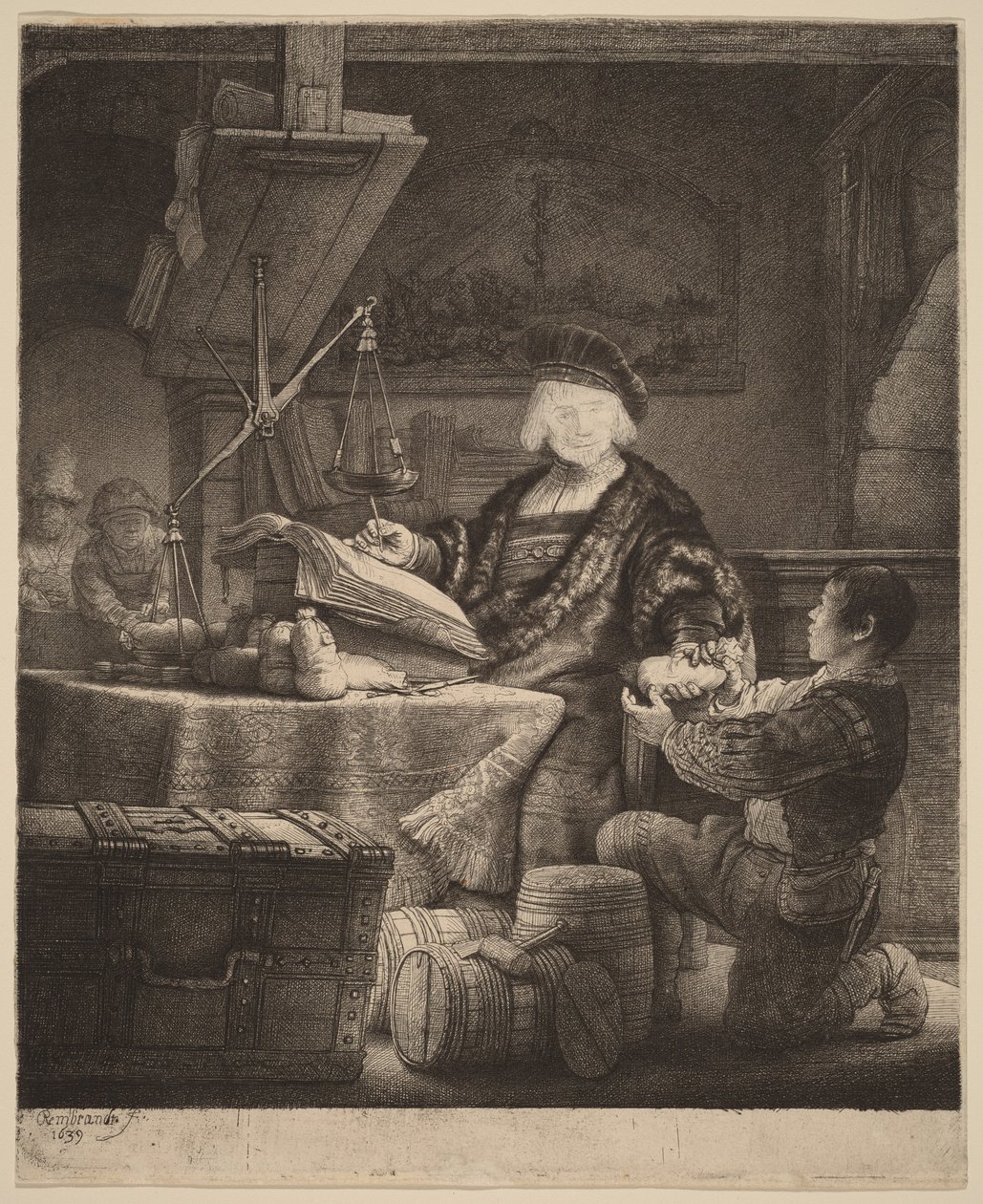 Jan Uytenbogaert, "The Goldweigher" door Rembrandt van Rijn