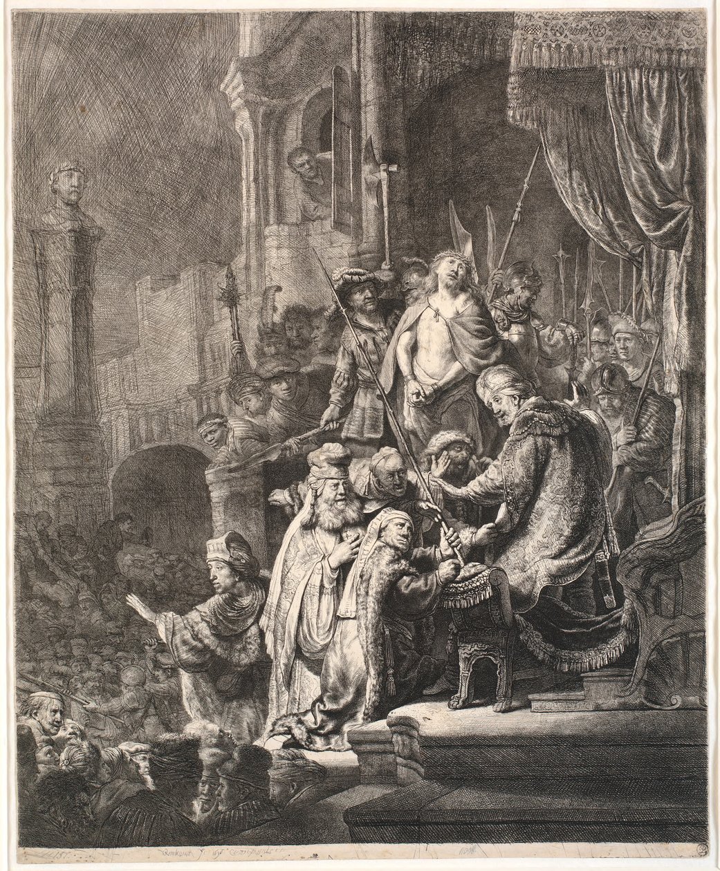 Jezus voor Pilatus: grote plaat door Rembrandt van Rijn