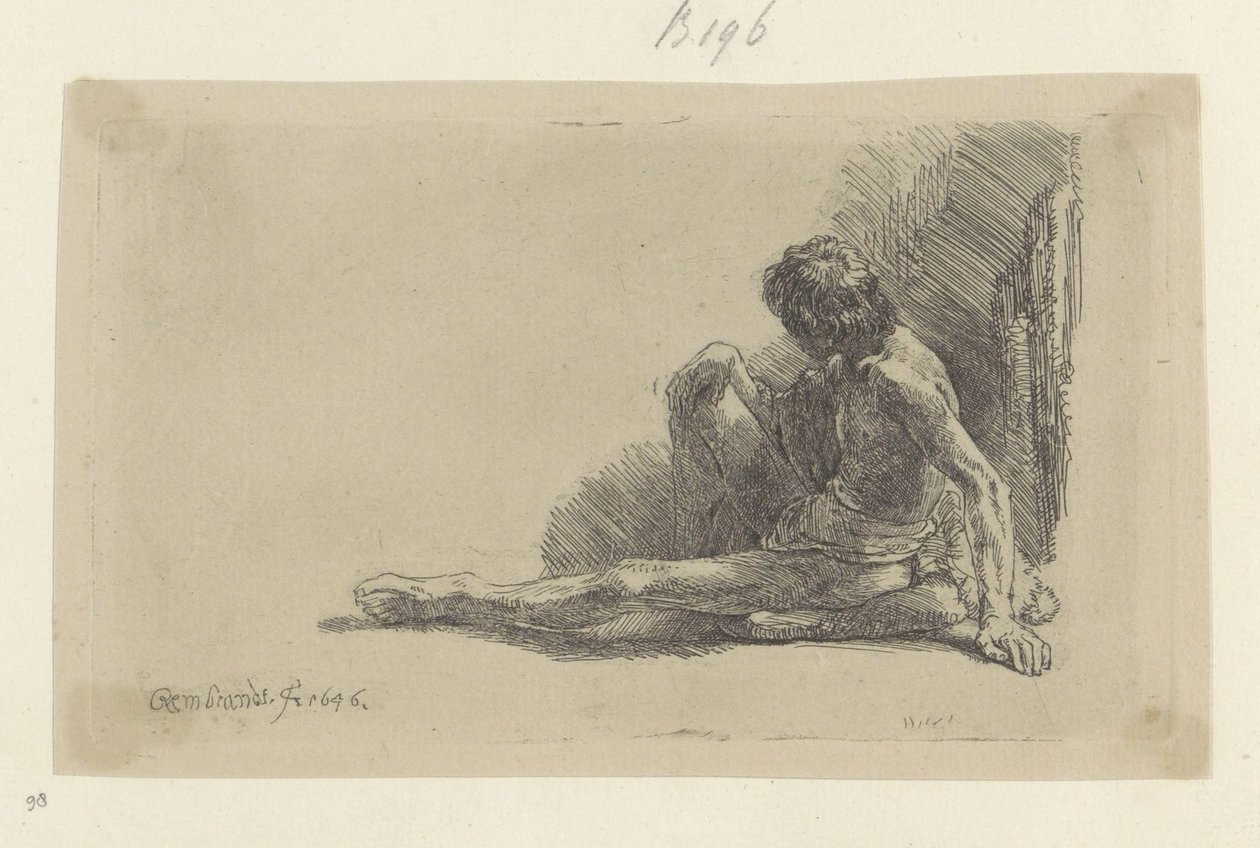 Jonge man, zittend op de grond met één been uitgestrekt door Rembrandt van Rijn