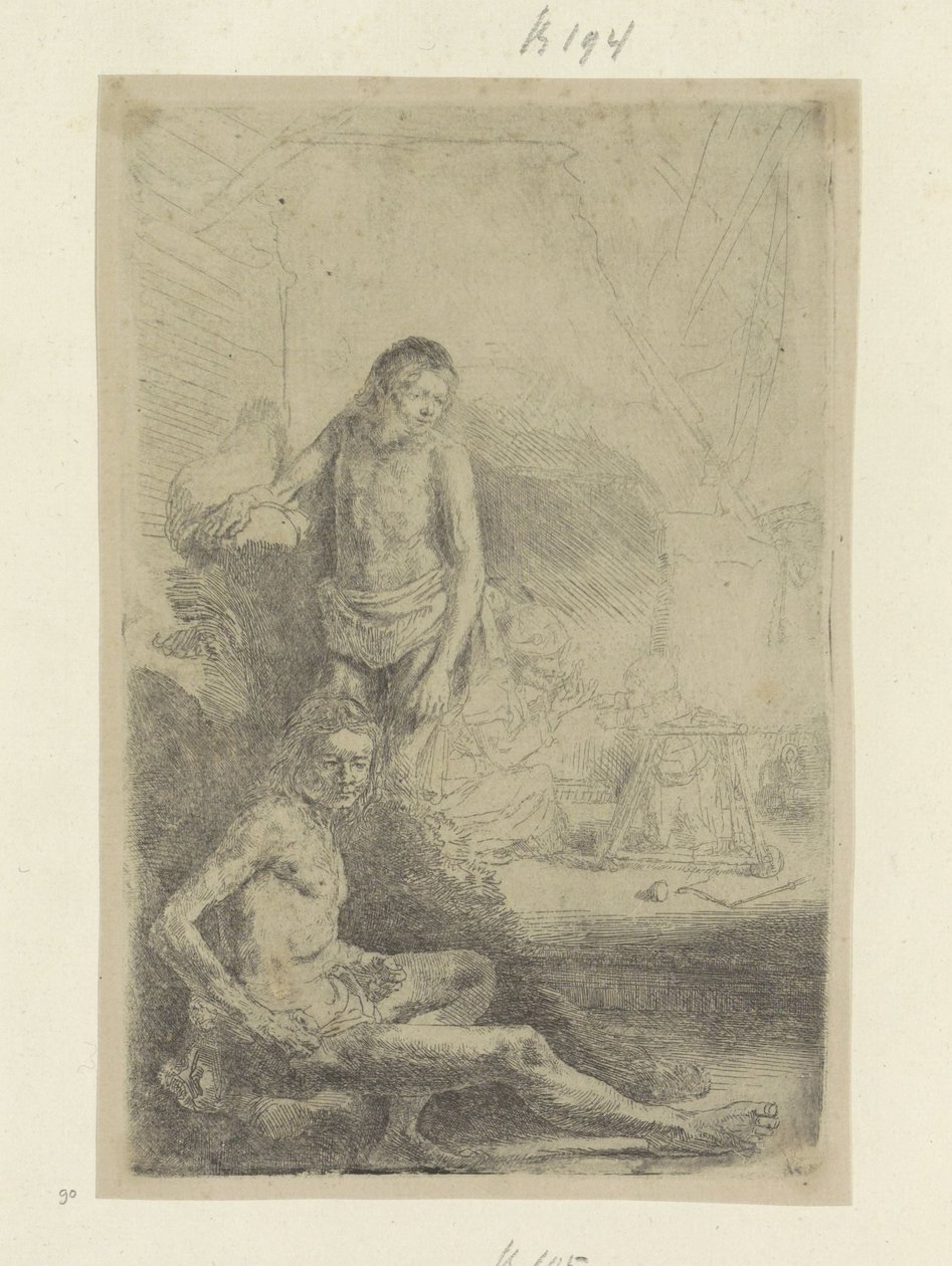 Jongeman, zittend en staand door Rembrandt van Rijn