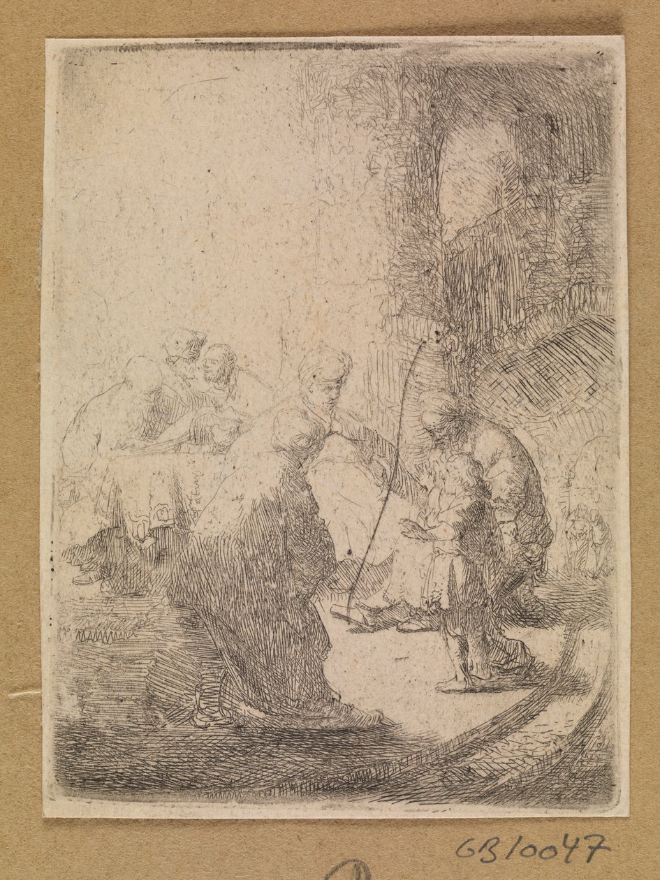 Christus als kind en de schriftgeleerden. Kleine plaat door Rembrandt van Rijn