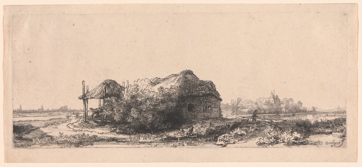 Landschap met Huisjes en een Hooischuur: Liggend door Rembrandt van Rijn