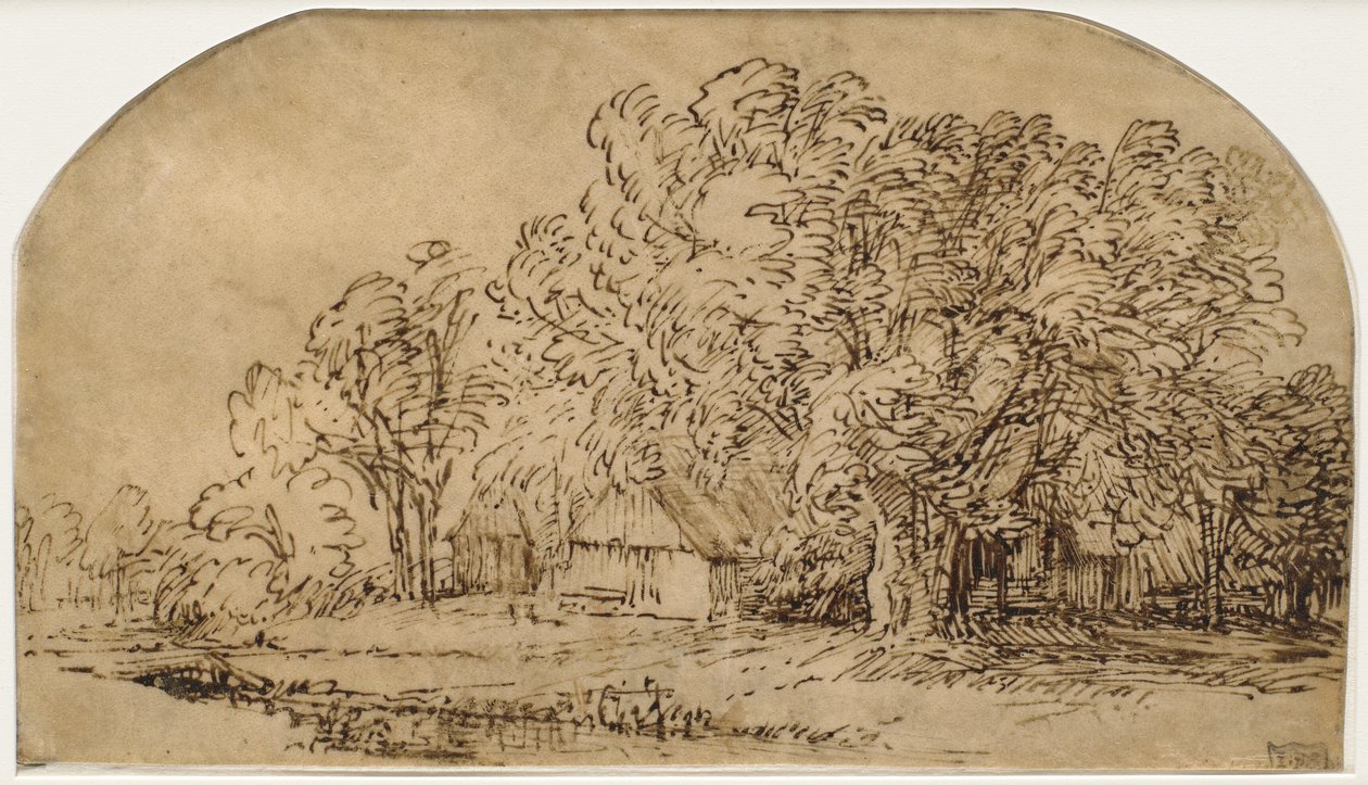 Landschap met Huisjes onder Hoge Bomen ("De Windvlaag") door Rembrandt van Rijn