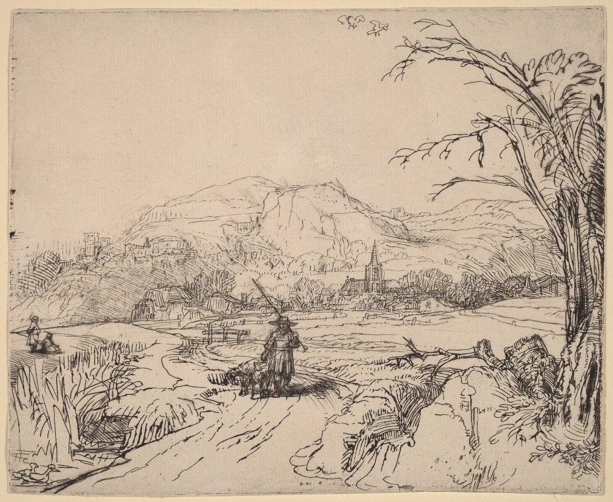 Landschap met een jager en een hond door Rembrandt van Rijn