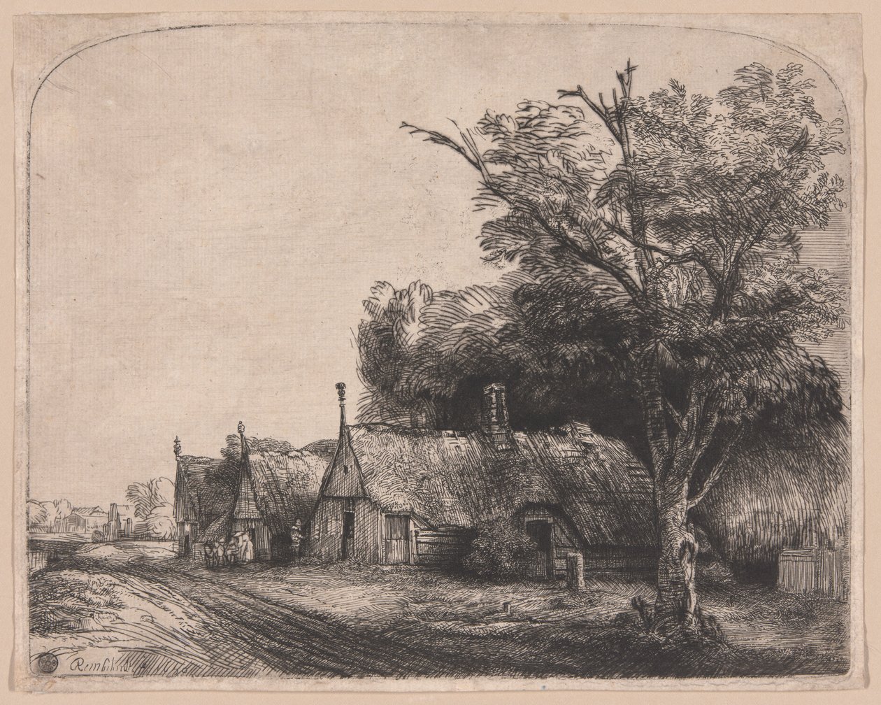 Landschap met drie huisjes met puntgevels langs een weg door Rembrandt van Rijn
