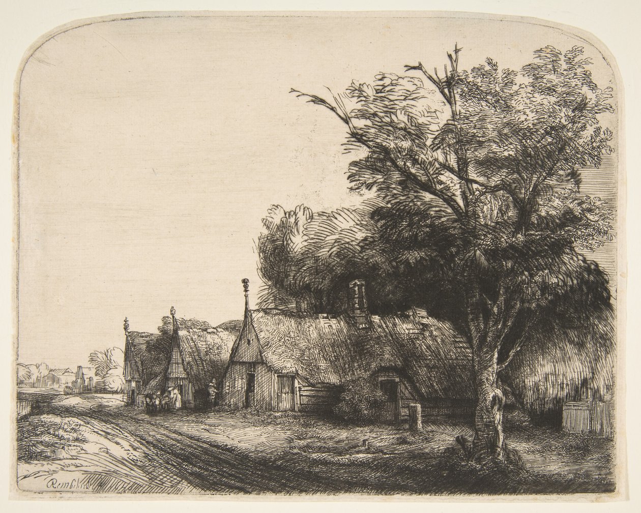 Landschap met drie huizen met puntgevels naast een weg door Rembrandt van Rijn