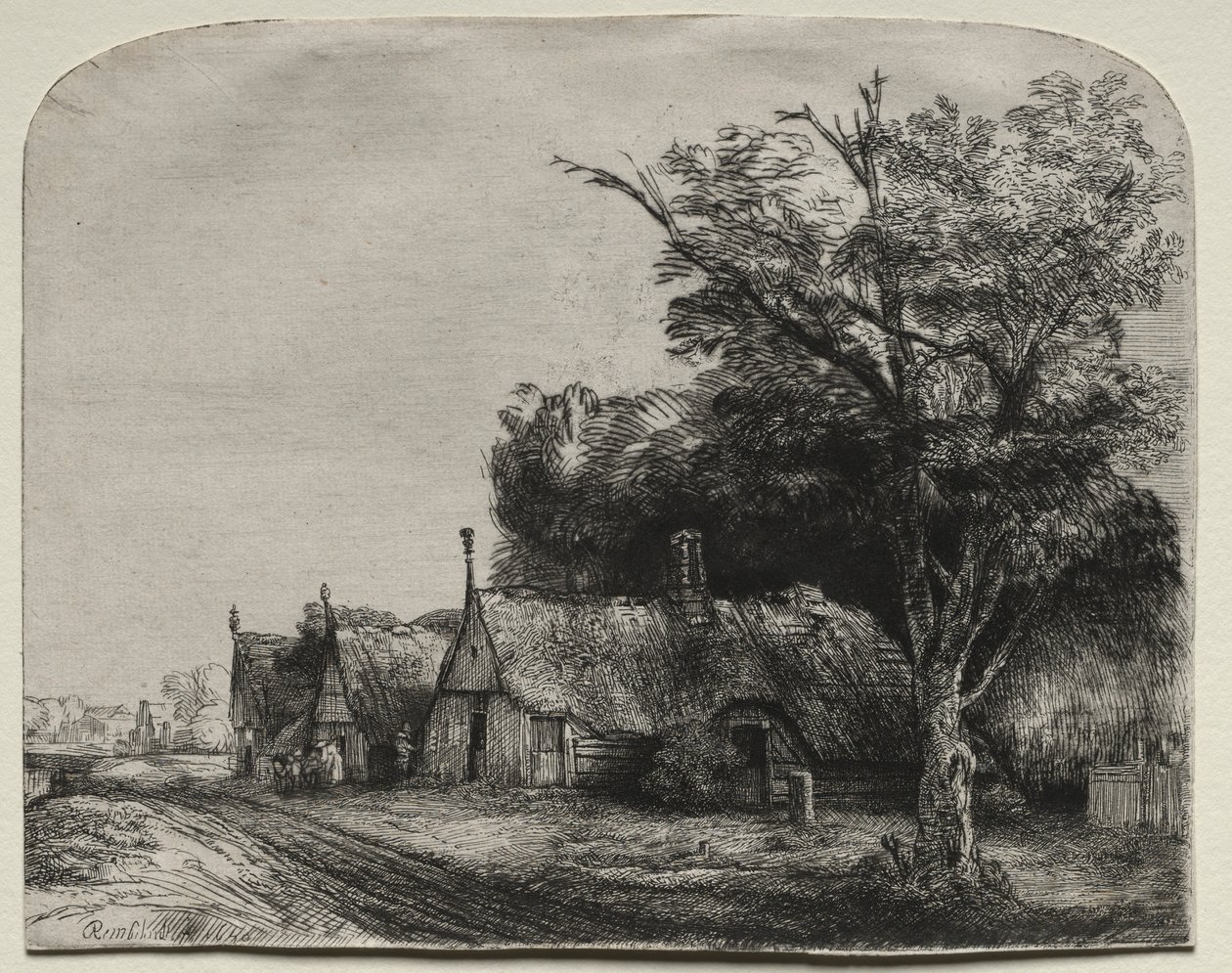 Landschap met drie huizen met puntgevels naast een weg, 1650 door Rembrandt van Rijn