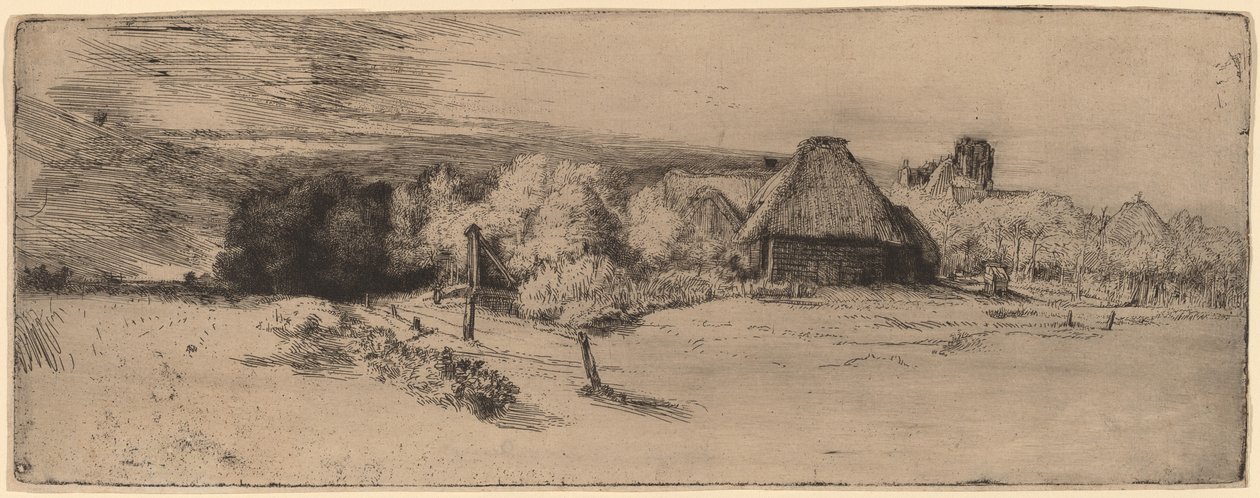 Landschap met Bomen, Boerderijen en een Toren door Rembrandt van Rijn