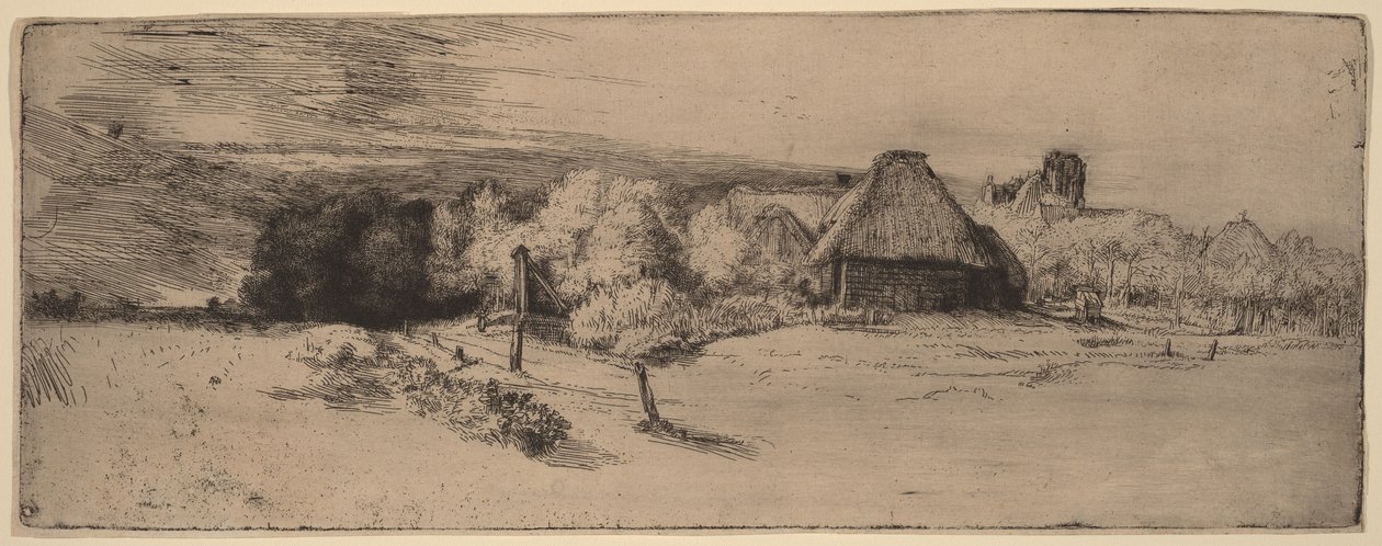 Landschap met bomen, boerderijgebouwen en een toren door Rembrandt van Rijn