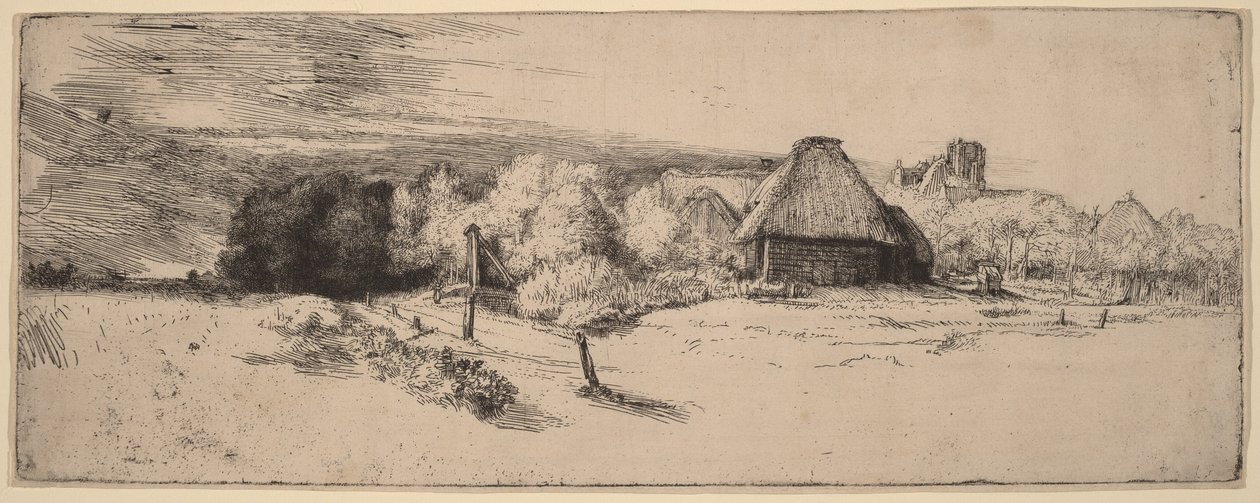 Landschap met bomen, boerderijgebouwen en een toren door Rembrandt van Rijn