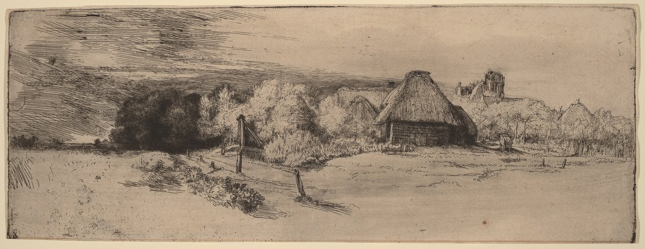 Landschap met bomen, boerderijgebouwen en een toren door Rembrandt van Rijn