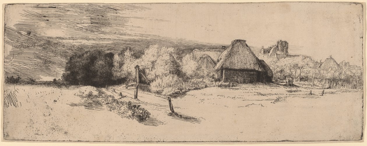 Landschap met Bomen, Boerderijgebouwen en een Toren door Rembrandt van Rijn