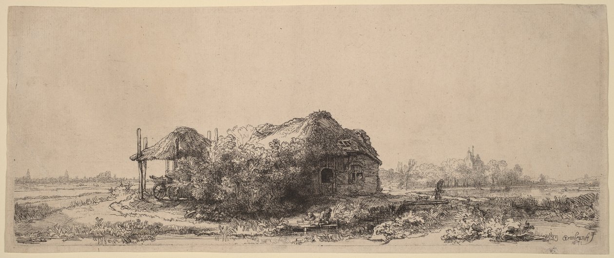 Landschap met een huisje en een hooischuur: langwerpig door Rembrandt van Rijn
