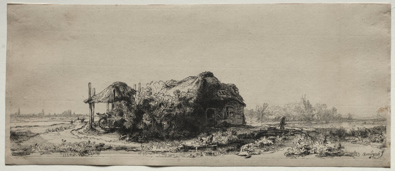 Landschap met een huisje en hooischuur: Oblong, 1641 door Rembrandt van Rijn