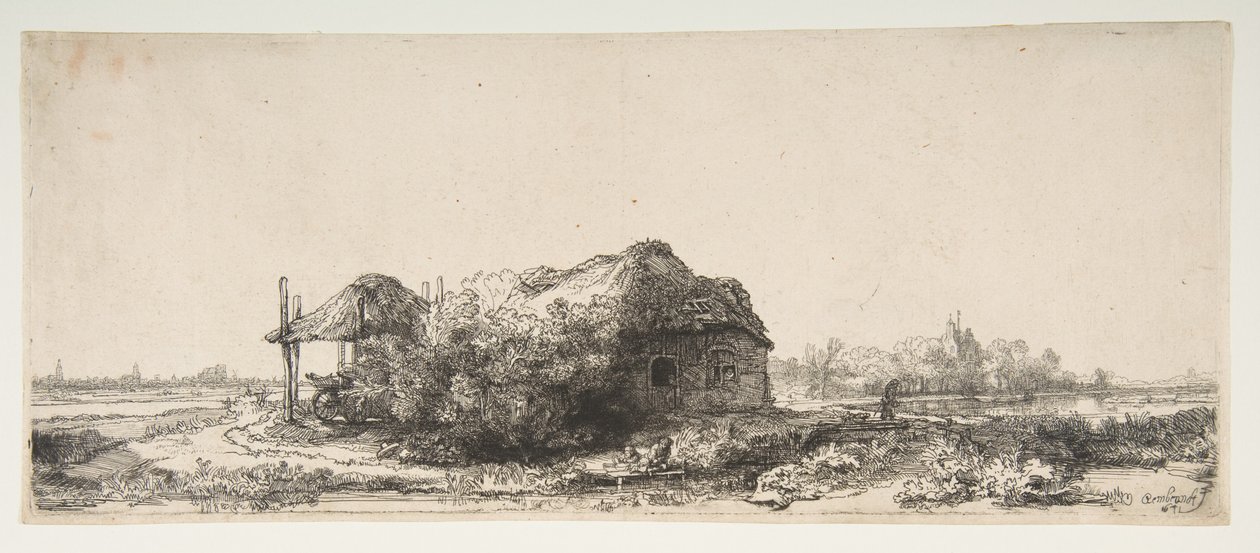 Landschap met een huisje en een hooischuur door Rembrandt van Rijn