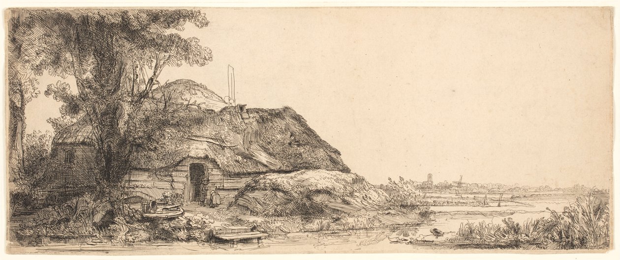 Landschap met een huisje en een grote boom door Rembrandt van Rijn