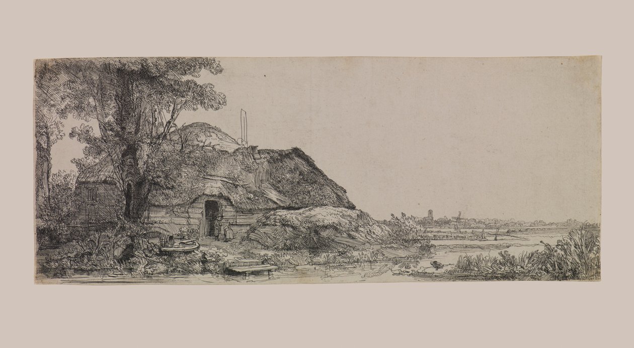 Landschap met een huisje en een grote boom door Rembrandt van Rijn