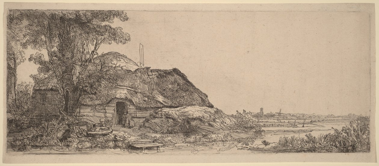 Landschap met een huisje en een grote boom door Rembrandt van Rijn