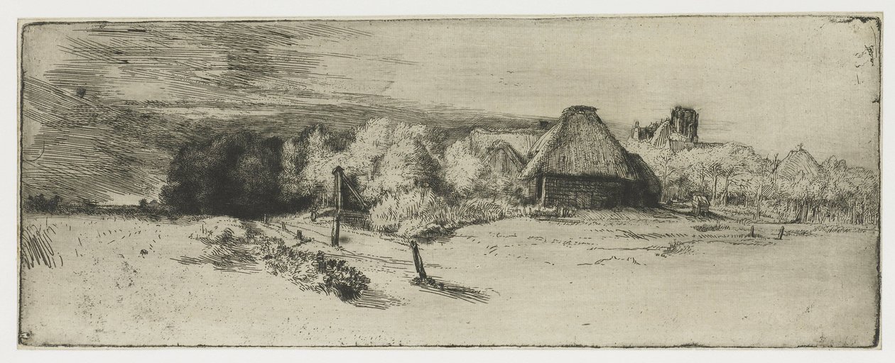 Landschap met een boerderij en het huis met de toren door Rembrandt van Rijn