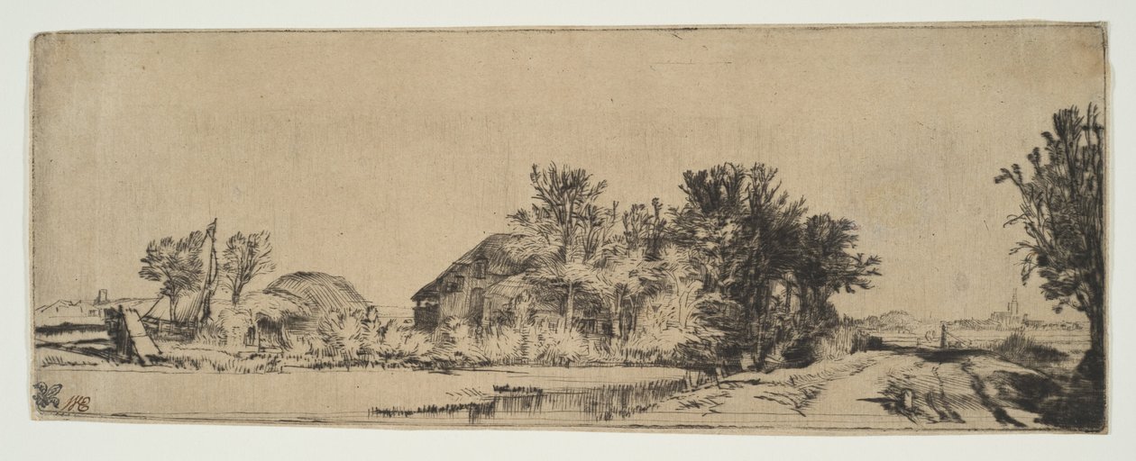 Landschap met een Boerderij Langs een Weg Naast een Kanaal, ca. 1652 door Rembrandt van Rijn