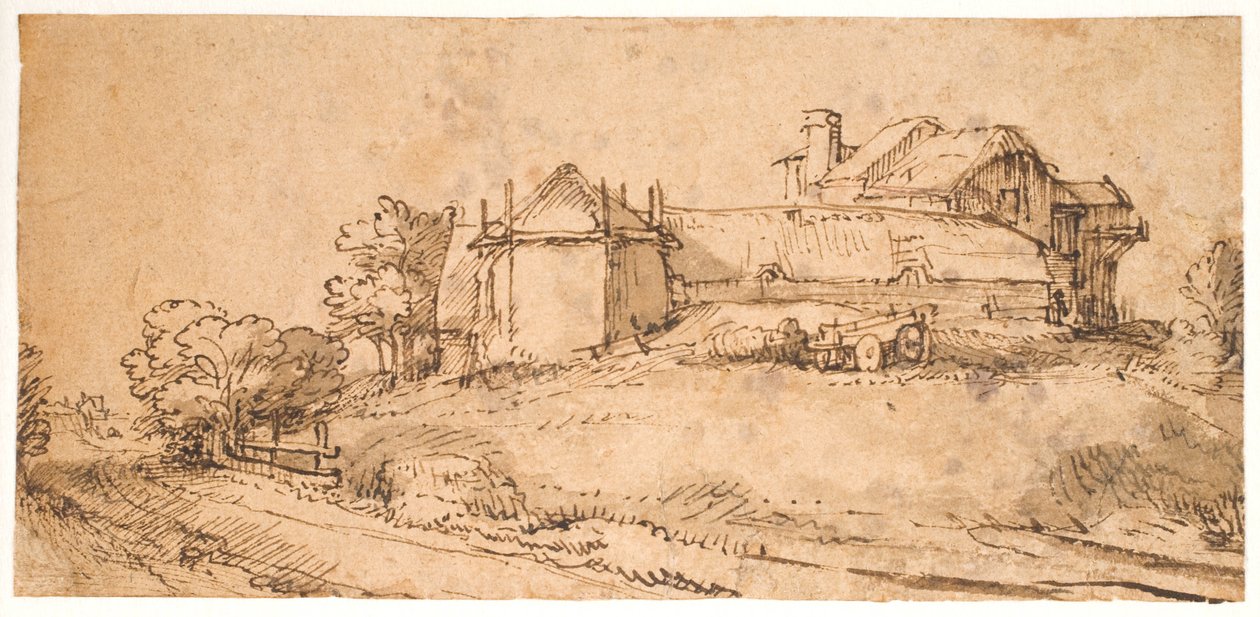 Landschap met een boerderij en een hooischuur door Rembrandt van Rijn