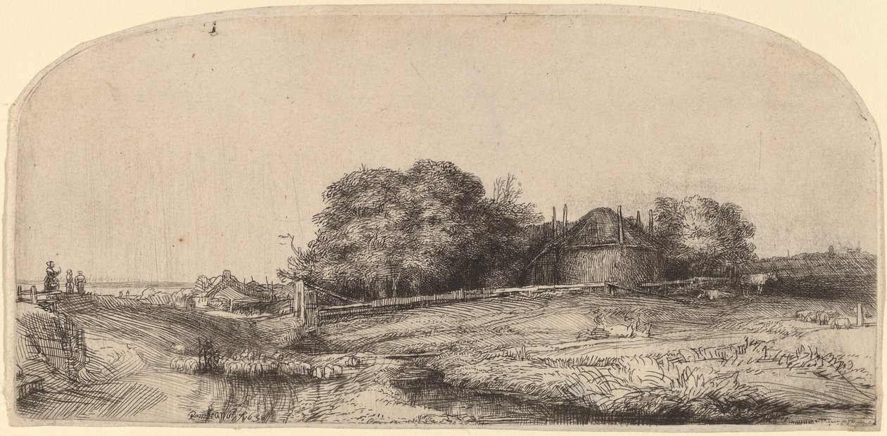 Landschap met hooischuur en een kudde schapen door Rembrandt van Rijn