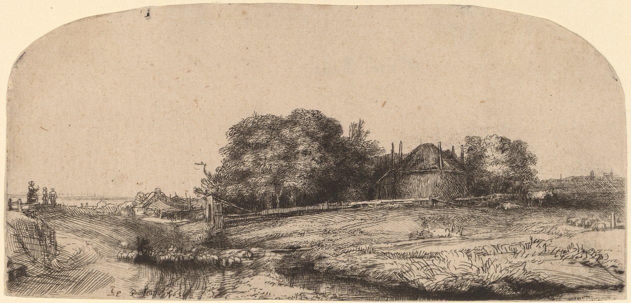 Landschap met een hooischuur en een kudde schapen door Rembrandt van Rijn