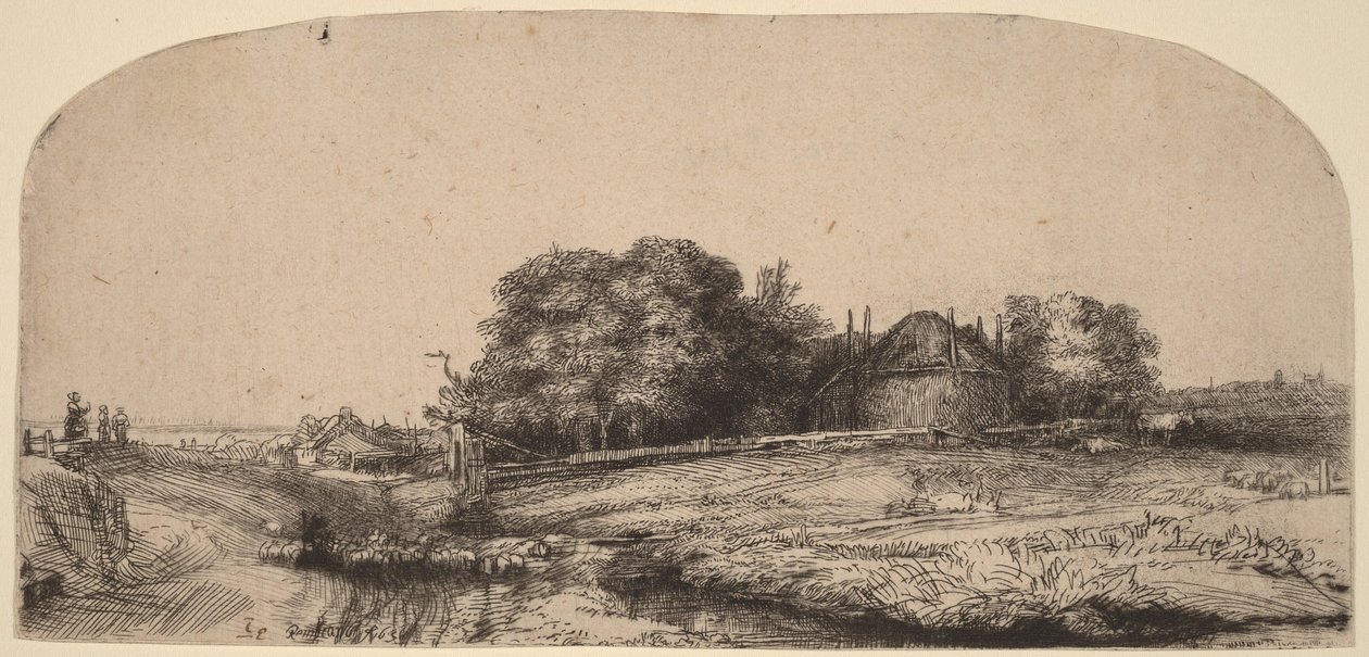 Landschap met een hooischuur en een kudde schapen door Rembrandt van Rijn
