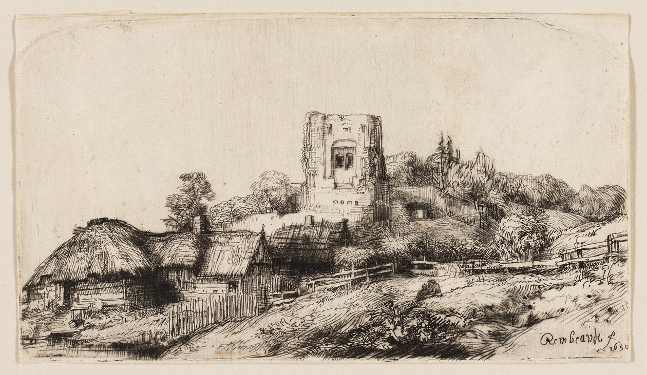 Landschap met een vierkante toren door Rembrandt van Rijn