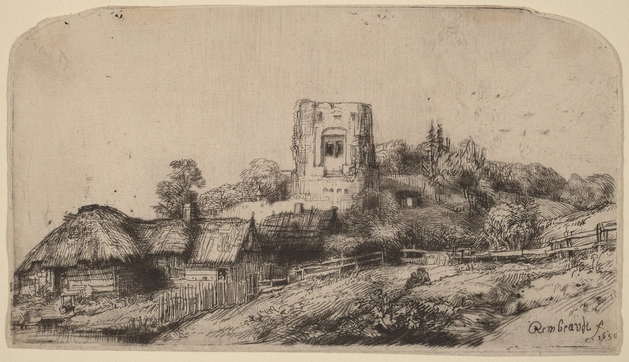 Landschap met een vierkante toren door Rembrandt van Rijn