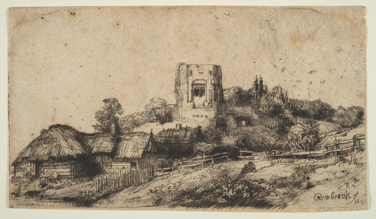 Landschap met een vierkante toren door Rembrandt van Rijn