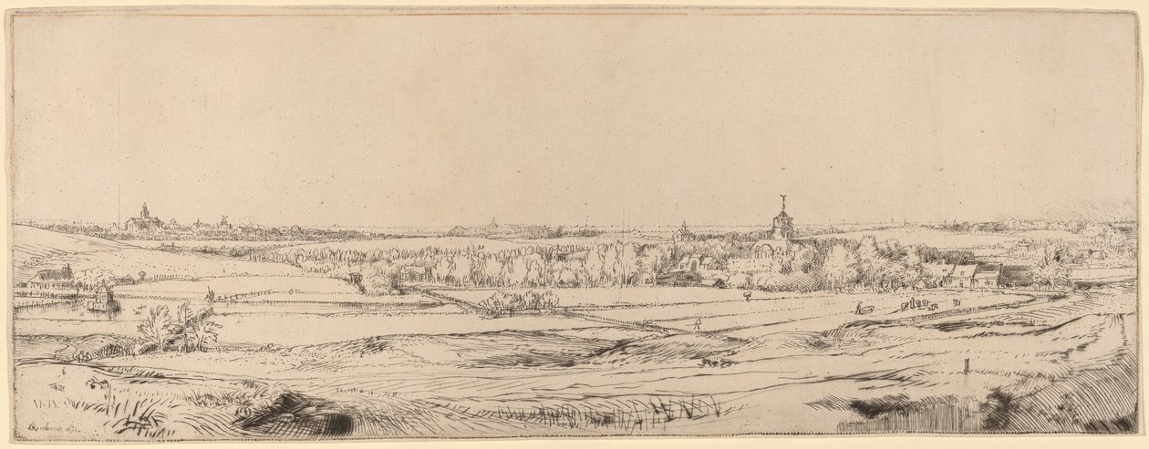 Landschap met uitzicht op Haarlem (Het veld van de goudweger) door Rembrandt van Rijn