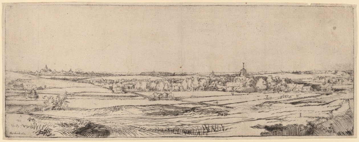 Landschap met uitzicht op Haarlem (Het veld van de goudweger) door Rembrandt van Rijn