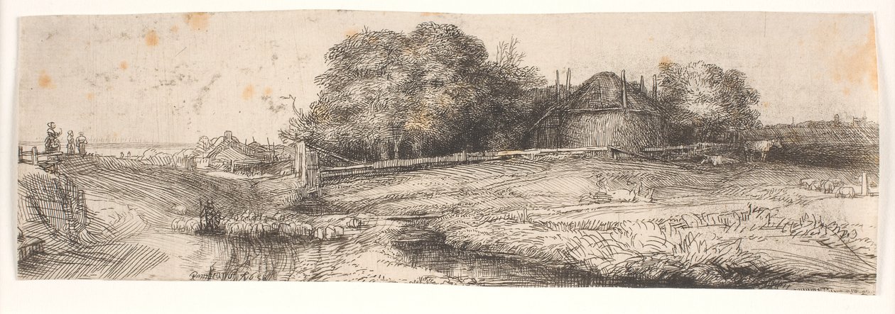 Landschap met een hooischuur en een kudde schapen door Rembrandt van Rijn
