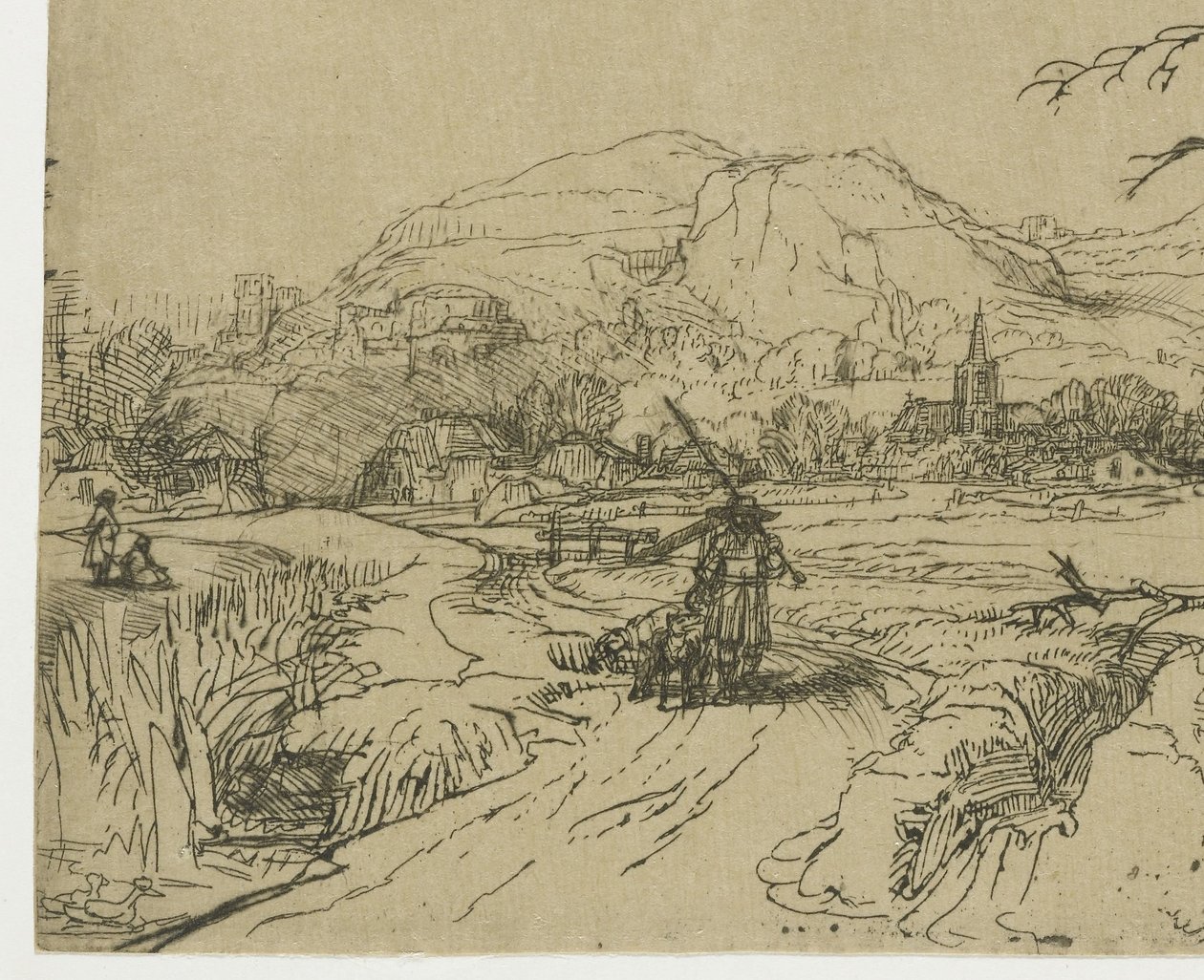 Landschap met een jager en honden door Rembrandt van Rijn