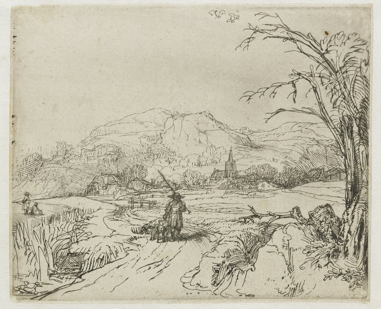 Landschap met een jager en honden door Rembrandt van Rijn
