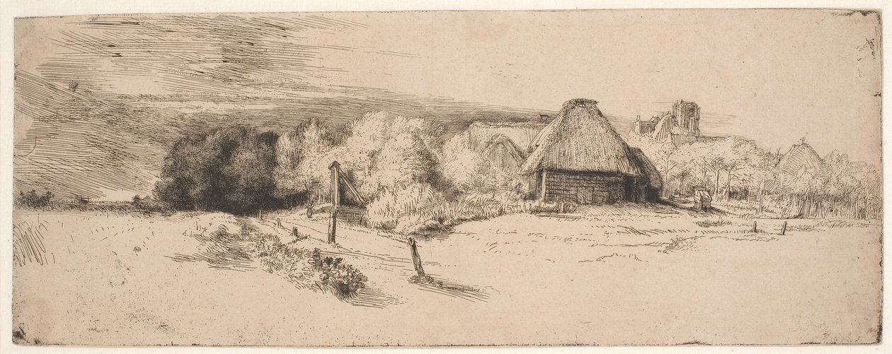 Landschap met bomen, boerderijgebouwen en een toren door Rembrandt van Rijn