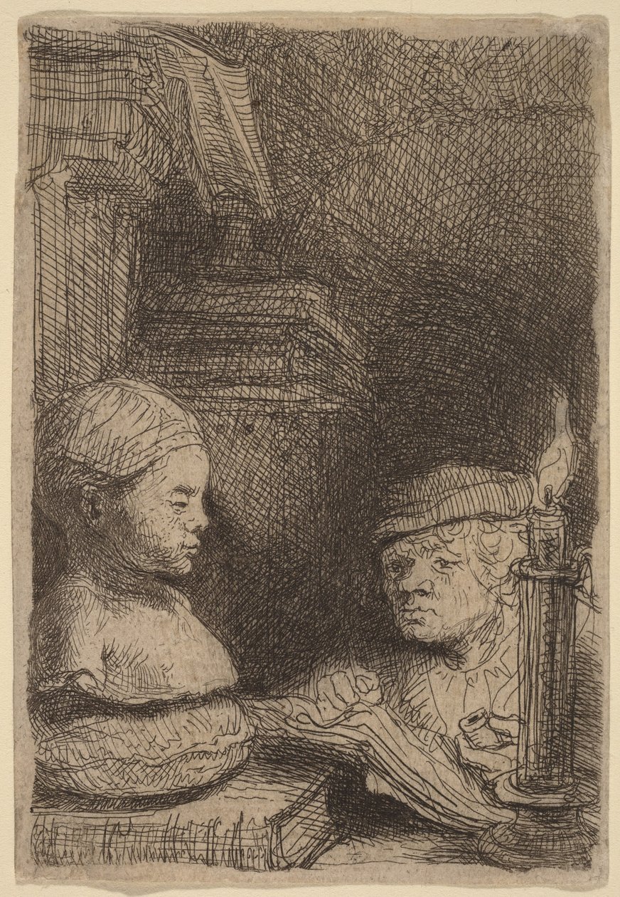 Man die een afgietsel tekent door Rembrandt van Rijn
