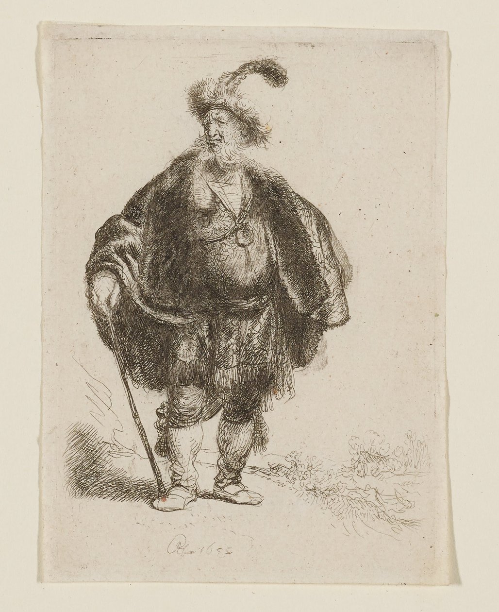 Staande man, in oosterse klederdracht en met een met veren versierde bontmuts door Rembrandt van Rijn