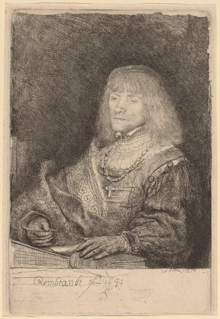 Man aan een Bureau met een Kruis en Ketting door Rembrandt van Rijn