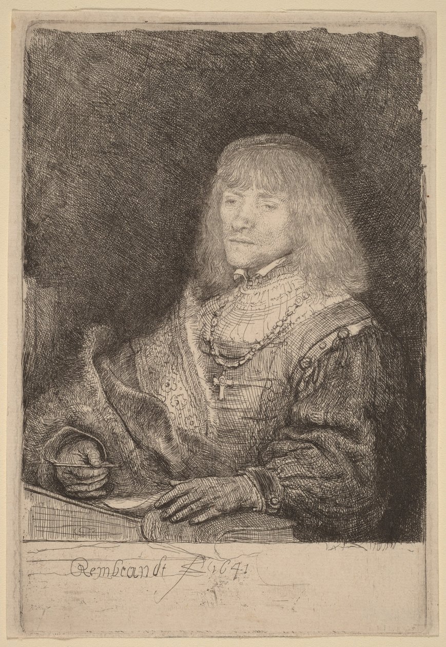 Man achter een bureau met een kruisje aan een ketting door Rembrandt van Rijn