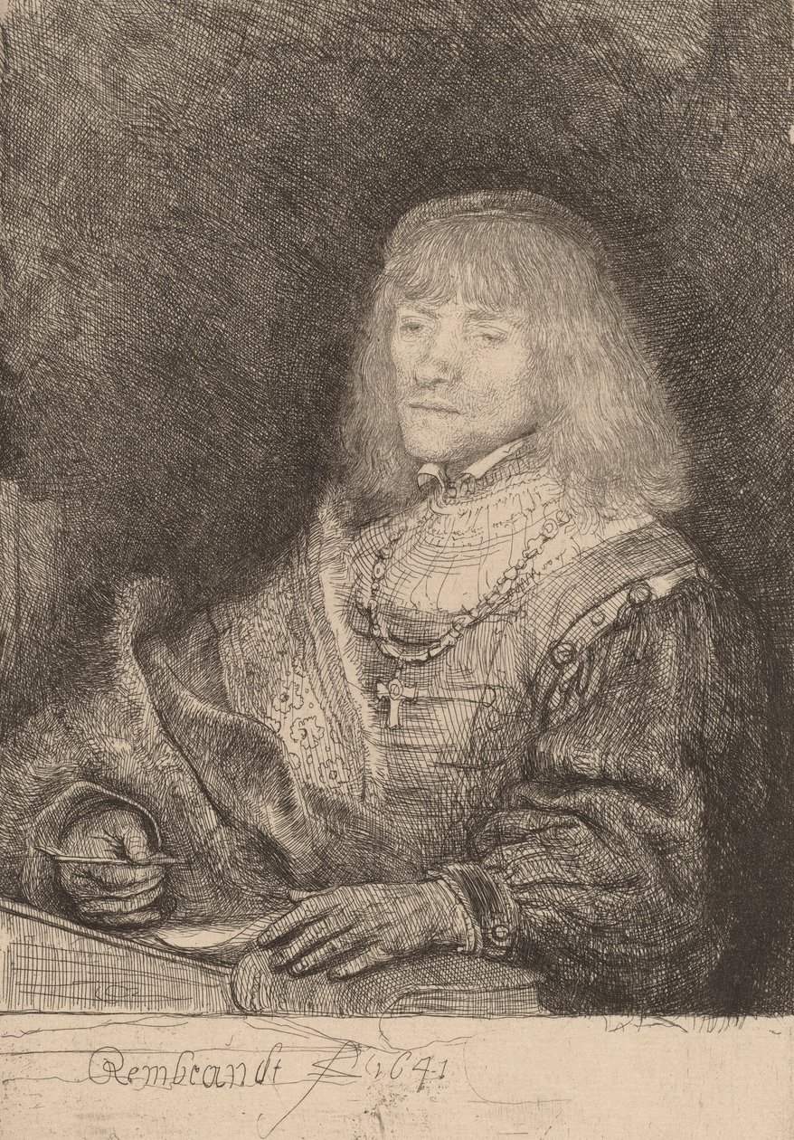 Man aan een bureau met een kruis en ketting, 1641 door Rembrandt van Rijn