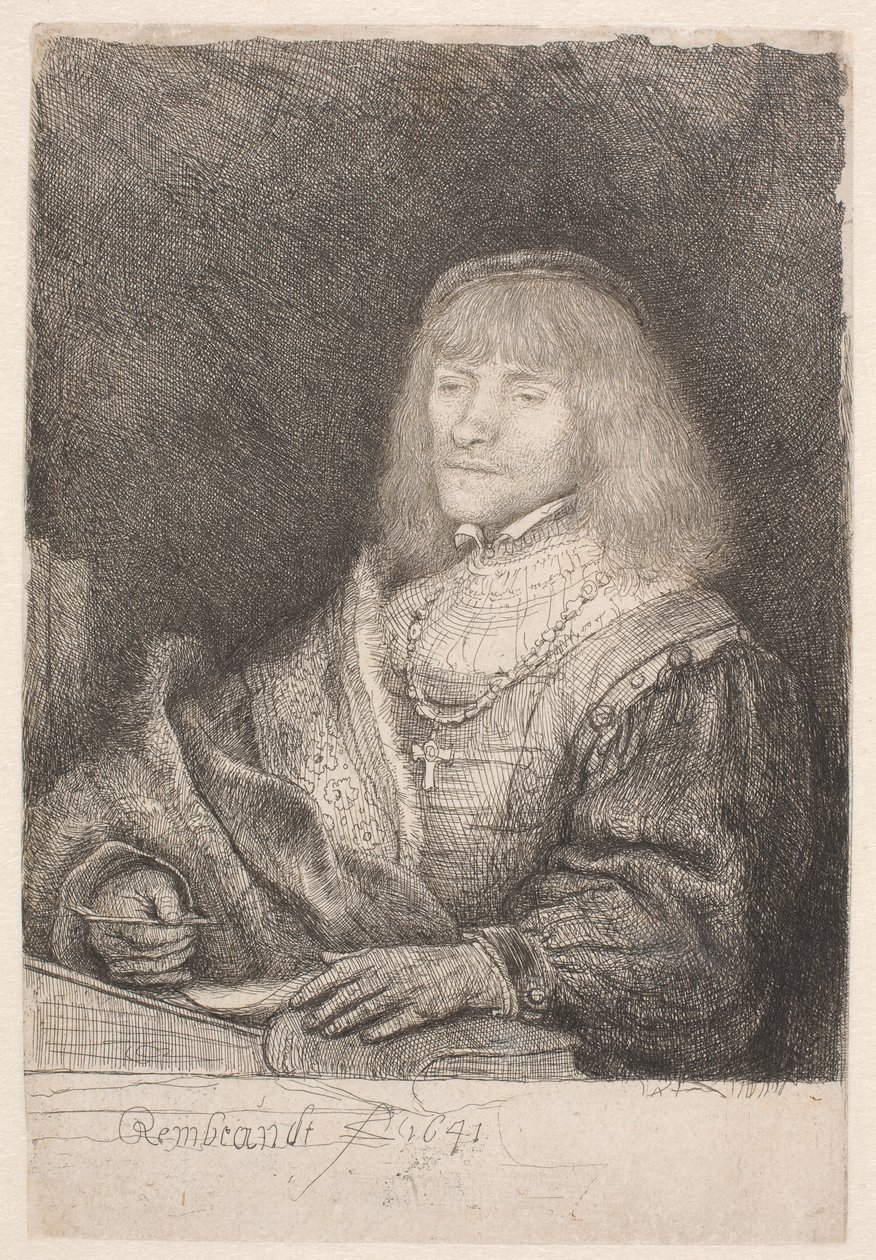 Man achter een bureau, met een kruisje aan een ketting door Rembrandt van Rijn