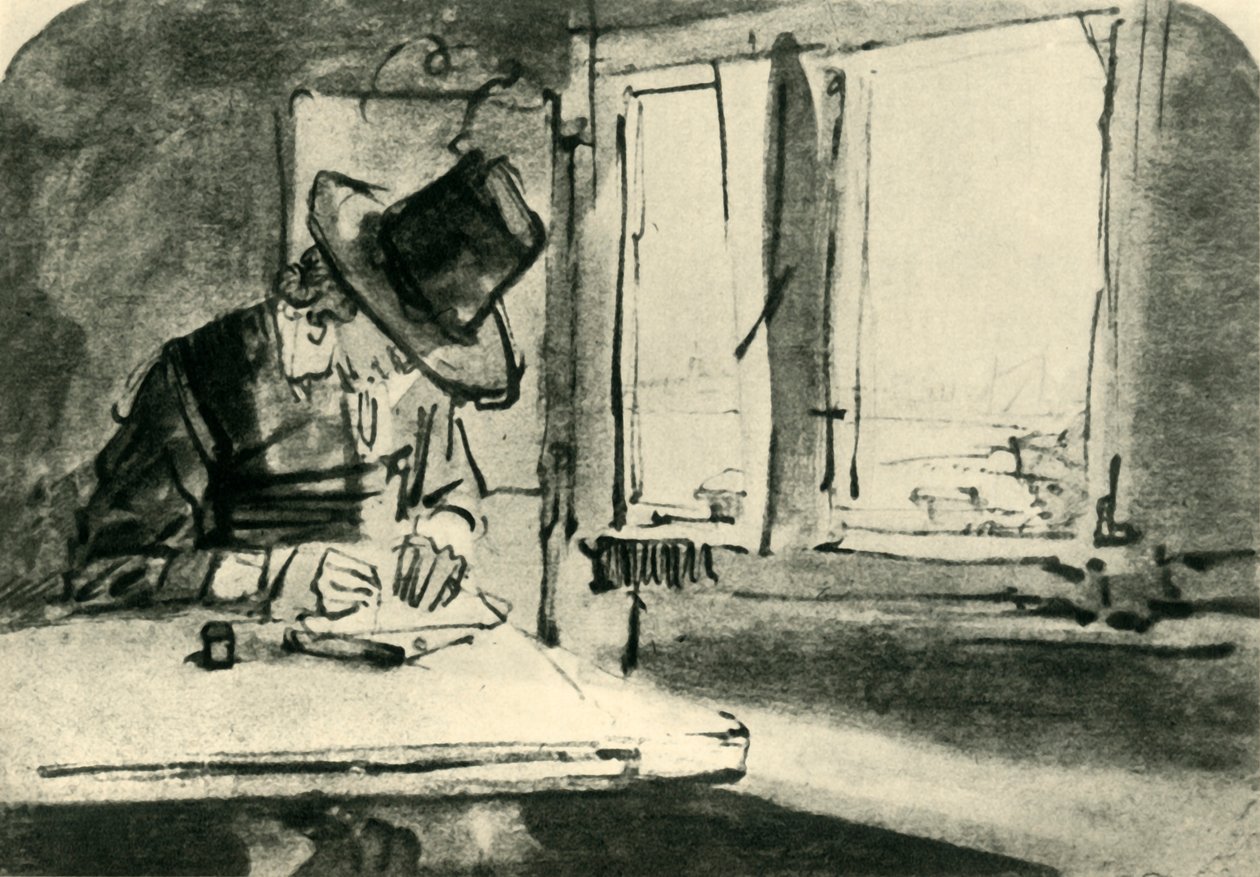 Man die tekent bij het raam, midden 17e eeuw, 1943 door Rembrandt van Rijn