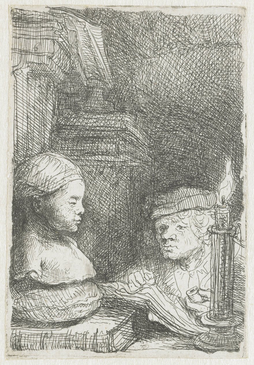 Man die tekent van een gipsmodel door Rembrandt van Rijn