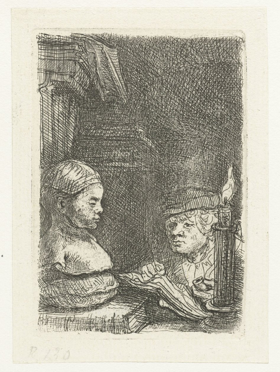 Man die een afgietsel tekent door Rembrandt van Rijn
