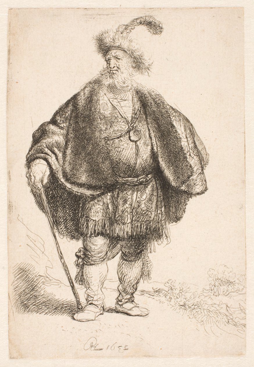 Man in oosterse klederdracht met een met veren versierde bontmuts door Rembrandt van Rijn