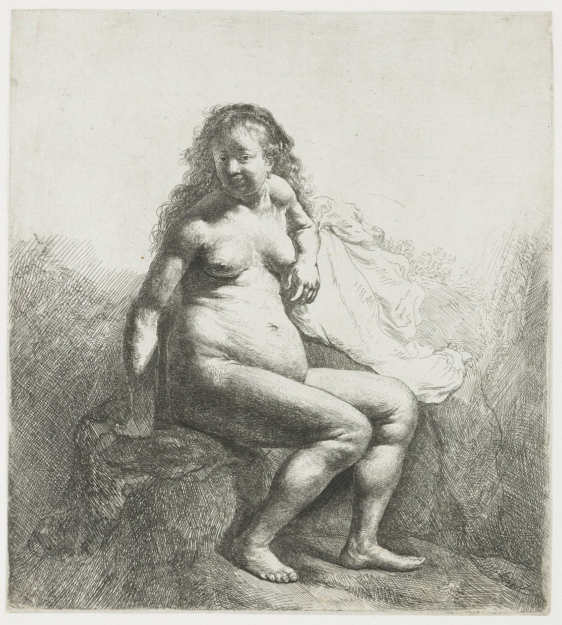 Naakte vrouw op een heuvel door Rembrandt van Rijn