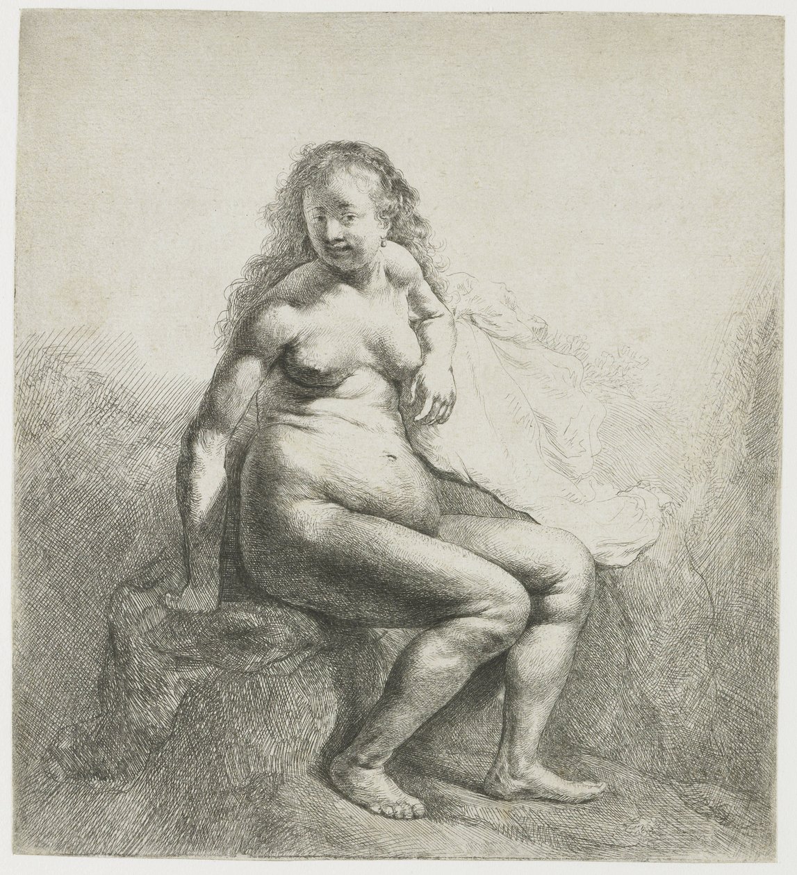 Naakte vrouw op een heuvel door Rembrandt van Rijn