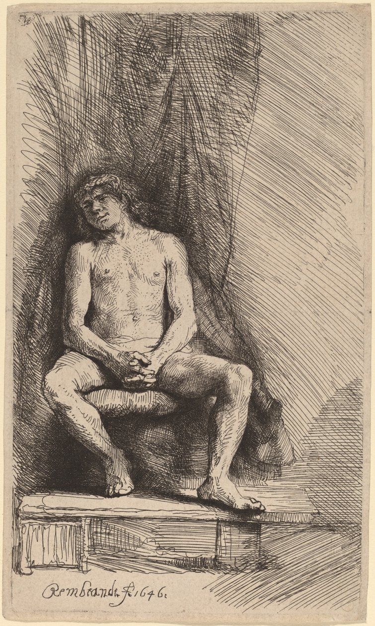 Naakte man zittend voor een gordijn door Rembrandt van Rijn